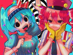  2girls black_eyes blue_dress blue_hair bow dress drill_hair gloves hat hatsune_miku highres kasane_teto long_hair looking_at_viewer mesmerizer_(vocaloid) multiple_girls necktie open_mouth puffy_sleeves sharp_teeth shirt short_sleeves smile striped_clothes striped_shirt teeth twin_drills twintails visor_cap vocaloid yellow_gloves zero_(sleepy_meltan) 