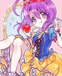 1girl :q apple blue_shirt blush bow breasts cosplay cross-laced_clothes food fruit hair_bow highres holding holding_food holding_fruit jashin-chan_dropkick looking_at_viewer medusa_(jashin-chan_dropkick) mirror purple_hair shirt short_hair skirt small_breasts smile snow_white snow_white_(disney) snow_white_(disney)_(cosplay) solo sparkle tongue tongue_out violet_eyes yellow_skirt yukiwo 