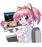 1girl :3 animal_ear_headphones animal_ears blue_eyes cat_ear_headphones chair character_doll colinarmis commentary english_commentary fake_animal_ears from_behind headphones keyboard_(computer) looking_back miracle-chan monitor mouse_(computer) oekaki original pink_hair shirt sitting solo t-shirt white_t-shirt
