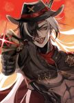  1boy :q aiming aiming_at_viewer black_hair black_hat black_jacket boothill_(honkai:_star_rail) bullet_earrings bullet_in_mouth cowboy_hat dusk ear_piercing g_x_h_a glint grey_armor gun hair_over_one_eye hat hat_feather highres holding holding_gun holding_weapon honkai:_star_rail honkai_(series) jacket long_hair looking_at_viewer male_focus mechanical_hands mole mole_under_eye multicolored_hair multiple_moles piercing plume red_eyes red_scarf revolver scarf sharp_teeth solo streaked_hair teeth tongue tongue_out twitter_username unzipped upper_body very_long_hair weapon white_hair zipper zipper_pull_tab 