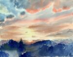 blue_sky day didi_daisukedoi highres hill morning mountain mountainous_horizon no_humans orange_sky original outdoors painting_(medium) scenery sky sunrise traditional_media watercolor_(medium) 