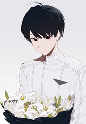  1boy absurdres ahoge black_hair bouquet chinese_commentary commentary_request highres holding holding_bouquet kadota_hiromi kamen_rider kamen_rider_revice long_sleeves male_focus mole mole_under_mouth red_eyes shirt short_hair simple_background solo sweat upper_body v0veiling white_background white_footwear white_shirt 