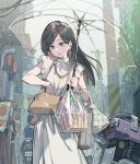  1girl 1other bag bracelet breasts brown_hair buttons cellphone commentary_request dress facing_viewer frilled_sleeves frills green_eyes handbag highres holding holding_bag holding_umbrella jewelry long_dress long_hair looking_at_object looking_down motor_vehicle motorcycle office_lady_taiwan open_mouth original outdoors phone rain short_sleeves shoulder_strap small_breasts smartphone solo_focus taiwan talking_on_phone tennohi umbrella white_dress wind 