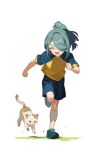  1boy aged_down aqua_hair blue_shirt blue_shorts brown_fur cat child clenched_hands dot_nose ebi_(shrimp_eleven) facing_to_the_side full_body grass green_footwear hair_over_one_eye hair_tie hand_up happy inazuma_eleven_(series) kazemaru_ichirouta kneehighs male_focus medium_hair multicolored_fur open_mouth ponytail running shirt shoes shorts simple_background smile socks solo two-tone_shirt v-shaped_eyebrows white_background white_fur white_socks yellow_shirt 