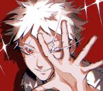  1boy artist_name danganronpa_(series) danganronpa_2:_goodbye_despair grin hand_up highres hinata_hajime hinata_hajime_(awakened) kado_51 male_focus red_eyes short_hair smile sparkle teeth white_hair 