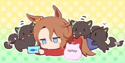  1girl :d afterimage animal animal_ears animalization bandaid bandaid_on_cheek bandaid_on_face biwa_hayahide_(umamusume) black_cat blue_eyes blue_pants blush_stickers brown_hair cat cellphone chibi glasses gomashio_(goma_feet) gradient_background green_background hair_between_eyes hair_ornament hairclip halftone halftone_background holding holding_phone hood hood_down hoodie horse_ears horse_girl horse_tail jitome lying narita_taishin_(umamusume) on_stomach pants parted_bangs phone profile red-framed_eyewear red_hoodie semi-rimless_eyewear smile tail tail_wagging umamusume under-rim_eyewear winning_ticket_(umamusume) yellow_background |_| 