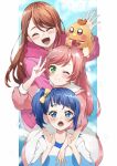  3girls animal_on_head arm_around_neck bird blue_eyes blue_hair blue_shirt blue_sky bow brown_hair closed_eyes clouds cloudy_sky commentary cut_bangs day dress earrings feathers green_eyes hair_bow hair_bun highres hijiri_ageha hirogaru_sky!_precure hood hood_down hoodie jacket jewelry long_hair long_sleeves looking_at_viewer medium_hair muginome_(bakuga_chan2) multiple_girls nijigaoka_mashiro on_head one_eye_closed open_mouth outdoors pink_dress pink_hair pink_hoodie pink_jacket precure sailor_collar shirt single_hair_bun single_sidelock sky smile sora_harewataru stud_earrings two-tone_dress two-tone_shirt w waving white_dress white_sailor_collar white_shirt yellow_bow yuunagi_tsubasa yuunagi_tsubasa_(bird) 