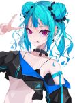  1girl absurdres aqua_hair artist_name black_choker chinese_text choker commentary double_bun earrings goma_irasuto hair_bun highres jewelry looking_at_viewer original pink_hair signature simple_background simplified_chinese_text sky smile solo 