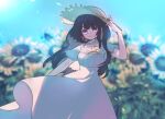  1girl arm_at_side black_hair blunt_bangs blurry blurry_background braid closed_mouth collarbone coto_notte day dress feet_out_of_frame field flower flower_field frills hair_ribbon hand_on_headwear hat heroine_(lovebrush_chronicles) long_hair lovebrush_chronicles official_alternate_costume outdoors ribbon scarf short_sleeves side_braid smile solo standing straight-on sun_hat sundress sunflower sunflower_field underbust violet_eyes white_dress white_scarf wind yellow_ribbon 