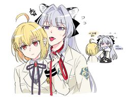  2girls ahoge animal_ears blazer blonde_hair braid collar commentary_request dee0333 highres holding holding_leash jacket korean_commentary korean_text leash leopard_ears leopard_tail long_hair multiple_girls neck_ribbon otori_michiru ribbon short_hair shoujo_kageki_revue_starlight shoujo_kageki_revue_starlight_-re_live- tail translation_request upper_body white_background 