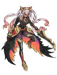  1girl breasts dark-skinned_female dark_skin feather_trim fire_emblem fire_emblem_heroes gradient_hair hair_ornament highres igalimax laevatein_(fire_emblem) long_hair medium_breasts multicolored_hair pink_hair red_eyes solo twintails 