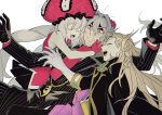  1girl 2boys antonio_salieri_(fate) antonio_salieri_(second_ascension)_(fate) arms_up ascot black_gloves black_jacket black_pants blonde_hair blush clenched_teeth closed_eyes constricted_pupils curly_hair dress fate/grand_order fate_(series) gloves grey_hair group_hug hair_between_eyes hair_intakes hat highres hug jacket jewelry kimidorix32 long_hair marie_antoinette_(fate) multiple_boys open_mouth pants pendant pinstripe_pattern pinstripe_suit red_ascot red_dress red_eyes red_gloves red_hat red_scarf redhead scarf shaded_face simple_background sleeveless sleeveless_dress smile striped_suit suit sweat teeth twintails v-shaped_eyebrows white_background white_gloves wolfgang_amadeus_mozart_(fate) 