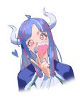 1girl blue_cape blue_hair blue_nails cape covered_mouth curled_horns heart horns long_hair looking_at_viewer mask mouth_mask multicolored_hair one_piece pink_eyes pink_hair pink_mask raine_(acke2445) simple_background solo streaked_hair ulti_(one_piece) v white_background 