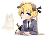  1girl animal_ears black_ribbon blonde_hair blue_eyes blush closed_mouth collared_shirt dog_ears dog_tail doge fake_animal_ears grey_jacket hair_ribbon highres jacket kabosu_(dog) kill_me_baby long_hair long_sleeves looking_at_viewer meme necktie ribbon shirt simple_background sonya_(kill_me_baby) tail twintails white_background white_shirt yachima_tana 