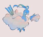  altaria animal_focus artist_name bird bird_tail black_eyes blue_eyes blue_skin bright_pupils chromatic_aberration closed_mouth clouds colored_lineart colored_skin commentary english_commentary evolutionary_line fluffy from_side full_body highres ieafy looking_at_another no_humans pokemon pokemon_(creature) simple_background sparkle swablu tail three_quarter_view white_background white_pupils wings 