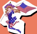  1girl american_flag american_flag_dress blonde_hair clownpiece flag full_body gradient_eyes grin hat holding holding_flag konoha217 long_hair multicolored_eyes no_shoes one_eye_closed polka_dot_headwear puffy_short_sleeves puffy_sleeves purple_hat short_sleeves smile solo striped_clothes striped_thighhighs thigh-highs touhou two-tone_dress v 