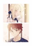  1boy 1girl ahoge artoria_pendragon_(fate) blonde_hair blue_ribbon blush chopsticks closed_eyes collared_shirt eating emiya_shirou fate/stay_night fate_(series) flower hair_ribbon highres holding holding_chopsticks neck_ribbon printemps raglan_sleeves redhead ribbon saber_(fate) shirt sidelocks smile white_shirt yellow_eyes 