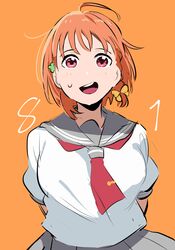  1girl absurdres ahoge arms_behind_back bow grey_sailor_collar grey_skirt hair_bow hair_ornament hairclip highres huge_ahoge looking_at_viewer love_live! love_live!_sunshine!! medium_hair neckerchief okpriko open_mouth orange_background orange_hair pleated_skirt red_eyes red_neckerchief sailor_collar school_uniform serafuku simple_background skirt sweatdrop takami_chika teeth uniform upper_teeth_only uranohoshi_school_uniform white_serafuku 