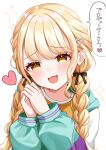  1girl absurdres blonde_hair blush braid commentary_request fang fujita_kotone gakuen_idolmaster hair_ribbon heart highres idolmaster jacket long_hair looking_at_viewer multicolored_clothes multicolored_jacket naarsann own_hands_together ribbon shirt smile solo sparkle speech_bubble translation_request twin_braids twitter_username upper_body yellow_eyes yellow_shirt 