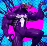  1boy absurdres draftsman79 feet_out_of_frame hand_up highres legs_apart long_tongue male_focus marvel monster_boy muscular muscular_male open_mouth pectorals profile saliva sharp_teeth smile solo spider-man_(series) symbiote teeth thighs tongue tongue_out venom_(marvel) 