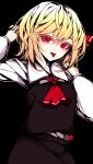  1girl absurdres ascot black_vest blonde_hair darkness hair_ribbon highres open_mouth red_ascot red_eyes red_ribbon ribbon rumia shi_to_na short_hair skirt skirt_set solo tongue tongue_out touhou vest 