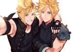  2boys arm_around_shoulder armor blonde_hair blue_eyes cloud_strife english_commentary final_fantasy final_fantasy_vii final_fantasy_vii_remake final_fantasy_xv fingerless_gloves gloves grin highres male_focus multiple_boys prompto_argentum selfie sethkiel shirt short_hair shoulder_armor single_shoulder_pad sleeveless sleeveless_turtleneck smile spiky_hair suspenders turtleneck upper_body vest white_background 