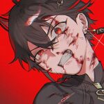  1boy black_hair blood blood_on_clothes blood_on_face changyu_(punishing:_gray_raven) crossed_bangs earrings grin hair_between_eyes horns jewelry multicolored_hair open_mouth pagarblue punishing:_gray_raven red_background red_eyes redhead single_horn smile solo streaked_hair 