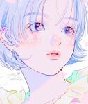  1girl artist_name blue_eyes blue_hair close-up dated earrings jewelry light_blue_hair looking_to_the_side original parted_bangs parted_lips portrait short_hair sidelocks signature simple_background solo white_background yoshino_ganko 