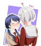  2girls ? arms_around_waist artistic_error blue_hair blue_ribbon blush bob_cut brown_cardigan brown_dress cardigan closed_eyes closed_mouth commentary confused dark_blue_hair dollchestra dress grey_hair hair_ornament hair_ribbon hasu_no_sora_school_uniform height_difference highres inverted_bob kujo_awenn link!_like!_love_live! long_hair long_sleeves looking_at_another love_live! low_twintails multicolored_hair multiple_girls murano_sayaka neckerchief no_choker nose_blush open_cardigan open_clothes outline purple_background red_eyes red_neckerchief redhead ribbon sailor_collar school_uniform short_hair star_(symbol) star_hair_ornament streaked_hair translated twintails two-tone_background upper_body virtual_youtuber waiting_for_kiss white_background white_outline white_sailor_collar winter_uniform yugiri_tsuzuri yuri 