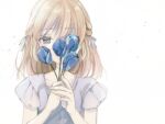  1girl blonde_hair blue_eyes blue_flower blue_tulip blush commentary_request dress flower grey_dress hair_ribbon holding holding_flower kiu_(choco015) looking_at_viewer medium_hair original ribbon short_sleeves simple_background solo white_background 