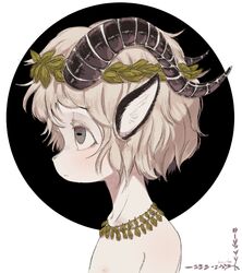  animal_ears artist_name black_background brown_eyes colored_eyelashes commentary_request furry furry_male goat_boy goat_ears goat_horns horizontal_pupils horns jewelry laurel_crown leaf_necklace light_brown_hair looking_to_the_side necklace original portrait sasamichr short_hair solo 