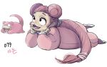  1girl black_eyes double_bun eyelashes fangs full_body hair_bun long_hair looking_ahead lying on_stomach onesie open_mouth personification pink_footwear pokemon pokemon_(creature) reference_inset simple_background slowpoke tamtamdi translated white_background 