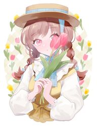  1girl bonnet braid brown_hair cropped_torso flower hat holding holding_flower long_hair long_sleeves looking_at_viewer nashiro_(nishir19) original pink_eyes solo tulip twin_braids 