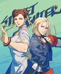  2girls back-to-back black_hair blonde_hair blue_background blue_eyes bracelet brown_eyes cammy_white choker chun-li copyright_name double_bun fingerless_gloves gold_trim gradient hand_up jacket leather_jacket looking_at_viewer red_gloves short_sleeves street_fighter tied_hair white_dress yuiofire 