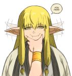  1girl 1other afterimage basedlida blonde_hair commentary earrings english_commentary english_text face_grab jewelry long_hair low-tied_sidelocks meme pointy_ears pov pov_cheek_grabbing_(meme) pov_hands serie_(sousou_no_frieren) smile solo sousou_no_frieren squeezing_cheeks yellow_eyes 
