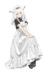  1girl alternate_costume apron apron_grab arknights black_footwear black_shirt blunt_bangs closed_mouth commentary enmaided expressionless full_body highres long_hair looking_at_viewer maid maid_apron maid_headdress owl_ears owl_girl ptilopsis_(arknights) shirt shoes short_sleeves simple_background solo ubiyuhi white_apron white_background white_hair yellow_eyes 