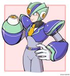  1boy alternate_costume arm_cannon armor blue_armor blue_helmet blueberry border commentary cowboy_shot food forehead_jewel fruit green_eyes highres male_focus mega_man_(series) mega_man_x_(series) nenndo100 pink_background smile solo symbol-only_commentary twitter_username weapon white_border x_(mega_man) x_buster 