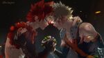  2boys bakugou_katsuki black_background blonde_hair blood blood_on_face blood_on_shoulder boku_no_hero_academia closed_mouth eye_contact gradient_background grey_background handshake highres kirishima_eijirou light_particles looking_at_another male_focus multiple_boys parted_lips red_eyes redhead scallopojisan short_hair spiky_hair sweatdrop teeth twitter_username upper_body v-shaped_eyebrows v-shaped_eyes 