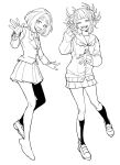  2girls :d aoi_(yooo009) black_socks blunt_bangs blush boku_no_hero_academia breasts cardigan collared_shirt double_bun full_body greyscale hair_bun half-closed_eyes highres jacket loafers long_sleeves looking_at_viewer medium_hair messy_hair miniskirt monochrome multiple_girls neckerchief open_mouth pleated_skirt sailor_collar school_uniform serafuku shirt shoes simple_background sketch skirt smile socks standing sweater teeth toga_himiko uraraka_ochako waving_hands white_background 