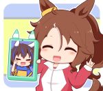  1girl :d \m/ ^_^ animal_ears blue_hair blue_shirt blush_stickers brown_hair cellphone chibi closed_eyes daitaku_helios_(umamusume) facing_viewer gomashio_(goma_feet) gym_shirt hair_ornament hairclip holding holding_phone horse_ears horse_girl horse_tail jacket long_hair mejiro_palmer_(umamusume) multicolored_hair parted_bangs phone phone_with_ears ponytail red_jacket shirt side_ponytail smile star_(symbol) star_hair_ornament streaked_hair tail track_jacket umamusume upper_body white_hair white_shirt yellow_shirt 