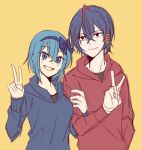  1boy 1girl ahoge alternate_costume biyo black_eyes black_hair blue_bow blue_eyes blue_hair blue_hairband blue_hoodie bow claire_elford hair_between_eyes hair_bow hairband hand_on_another&#039;s_arm hood hood_down hoodie looking_at_viewer multicolored_hair red_hoodie redhead short_hair simple_background single_hair_tube sketch smile teeth v wilardo_adler witch&#039;s_heart yellow_background 