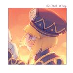  1boy 1girl beret black_hat black_robe black_wrist_cuffs blonde_hair blunt_bangs blunt_ends bob_cut border buttons clouds covered_mouth disembodied_hand from_side gradient_sky hat heart heart_print highres hyness kirby:_star_allies kirby_(series) light_blush marking_on_cheek orange_skirt outdoors robe short_hair skirt sky solo_focus somayumi sunset turtleneck twitter_username violet_eyes white_border white_robe wrist_cuffs yellow_trim zan_partizanne 