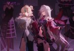  2girls absurdres blonde_hair dress gloves grey_hair hair_intakes hair_ornament highres honkai_(series) honkai_impact_3rd long_hair looking_at_another mi_rong multiple_girls navel red_dress ribbon songque_(honkai_impact) string thelema_(honkai_impact) thighs 