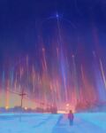  1boy aerial_fireworks blue_sky brecor_ruu_mark commentary fireworks gradient_sky highres jacket night night_sky original outdoors power_lines red_jacket road scenery sky snow solo standing utility_pole very_wide_shot winter 