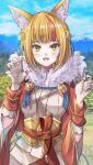  1girl :d animal_ear_fluff animal_ears blonde_hair breasts fingerless_gloves fire_emblem fire_emblem_fates fox_ears fox_girl fur_collar fuussu_(21-kazin) gloves hair_ornament hands_up jacket japanese_clothes kimono looking_at_viewer medium_breasts multicolored_hair open_clothes open_jacket orange_hair red_jacket selkie_(fire_emblem) short_hair smile solo streaked_hair tassel two-tone_hair white_gloves white_kimono yellow_eyes 