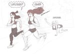  3girls all_fours blush crying diana_cavendish english_text kagari_atsuko little_witch_academia long_hair monochrome multiple_girls non-web_source open_mouth outstretched_arm pants ponytail running shoes shorts side_ponytail speech_bubble sports_bra thotticus-slayer tree ursula_charistes yoga_pants 