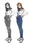  1girl adidas blue_pants breasts brown_hair denim full_body hair_between_eyes hands_on_own_hips highres jeans long_hair long_legs looking_to_the_side medium_breasts original pants red_eyes shirt shoes simple_background sleeveless sleeveless_shirt sneakers token_holic white_background white_shirt 
