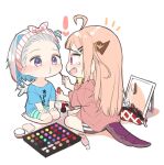  ! 2girls ahoge amane_kanata applying_makeup barefoot black_shorts blonde_hair blue_hair blue_shirt clothes_writing cosmetics dolphin_shorts dragon_girl dragon_horns dragon_tail eye_contact from_side full_body grey_hair hair_ornament hair_slicked_back hairband hairclip holding hololive horns indian_style isuka kiryu_coco laughing long_hair looking_at_another makeup mirror multicolored_hair multiple_girls nail_polish_bottle nail_polish_brush o3o pencil_case pink_hair profile puckered_lips red_eyes rouge_(makeup) seiza shirt shorts simple_background sitting skirt streaked_hair striped_clothes striped_skirt t-shirt tail tears violet_eyes virtual_youtuber white_background white_wings wings 