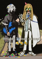  2boys ascot black_footwear black_shirt blonde_hair blue_ascot cape command_spell confetti ear_piercing earrings english_text fake_facial_hair fake_mustache fake_nose fate/grand_order fate_(series) feathers fur-trimmed_jacket fur_trim gloves gold_trim grey_hair grey_jacket grey_pants groucho_glasses guitar hair_over_one_eye hand_up hat high_collar highres holding holding_guitar holding_instrument holding_plectrum instrument jacket jewelry joy_emoji kadoc_zemlupus kirschtaria_wodime laochaa long_hair looking_at_viewer male_focus meme multiple_boys night open_mouth outdoors pants party_hat piercing plectrum shaded_face shirt shoes short_hair side-by-side side_cape sidewalk sleeve_cuffs smile standing star-shaped_eyewear star_(symbol) v white_cape white_feathers white_footwear white_gloves white_jacket white_pants why_dis_ninja_look_so_mad_(meme) yellow_eyes 