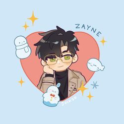  1boy black_hair black_shirt brown_coat character_name cheek_rest chibi coat food glasses green_eyes heart highres joikzo looking_at_viewer love_and_deepspace male_focus popsicle scarf seal_(animal) shirt short_hair smile snowman solo star_(symbol) zayne_(love_and_deepspace) 
